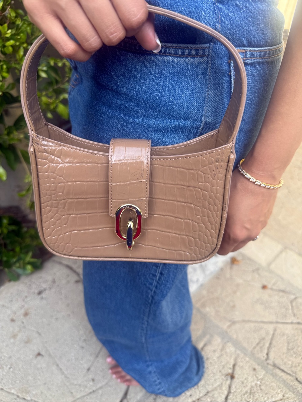 Anine bing Croc-Embossed Beige Shoulder Bag with Gold Accent